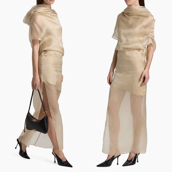 A.W.A.K.E. Mode Tuxedo Silk Gathered Cocktail Dress in champagne US10 $1015 - Picture 2 of 10